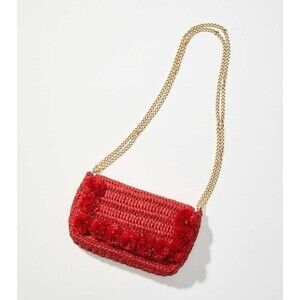Loft Pom Pom Crossbody Straw Woven with Gold Chain Bag NWT